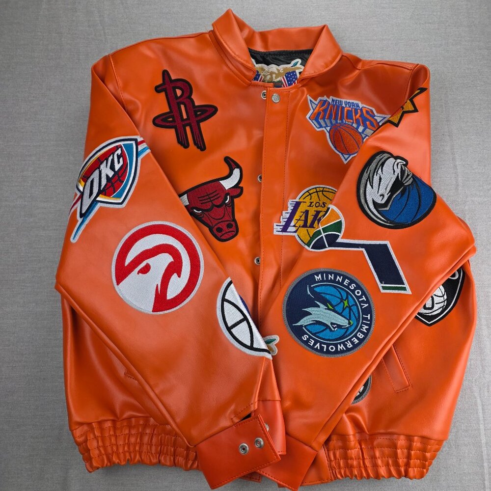 New Jeff Hamilton NBA Logo Collage Vegan Orange Leather Jacket New Men’s Large